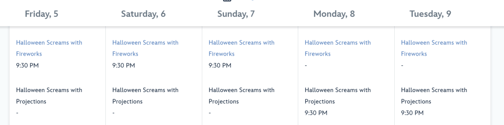 A weekly calendar displaying showtimes for Halloween Screams either with or without Fireworks