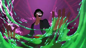 Dr. Facilier recoils as bright green spirit energy swirls around his hands, eyes wide under the top hat.