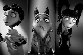 Black-and-white character still from “Frankenweenie”—Victor, Sparky, and classmates posed against a gray studio backdrop.