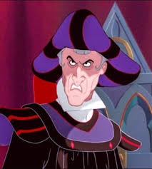 Judge Claude Frollo scowls in his purple hat and black robes, pointing as if delivering a stern command.