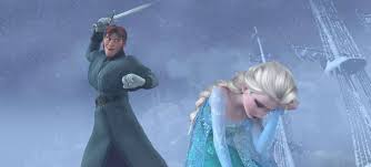 Hans raises a sword behind a kneeling Elsa during a blizzard, poised to strike amid icy towers.