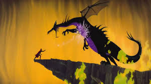 Dragon Maleficent towers over Prince Phillip on a cliff, breathing green fire.