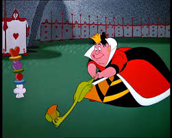 The Queen of Hearts swings a flamingo mallet at a hedgehog ball as card soldiers watch.