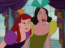 Anastasia and Drizella lean forward shouting in bright gowns with oversized bows.