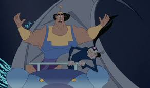 Kronk throws up his arms while Yzma rides a lab roller-coaster car, hair streaming back.